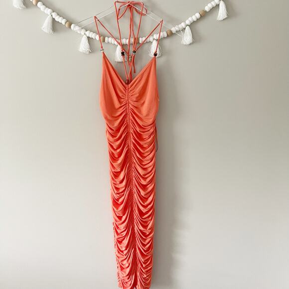 ALC Allegra Ruched Bead Embellished Midi Dress Bodycon Halter Orange Size Medium - Picture 12 of 12